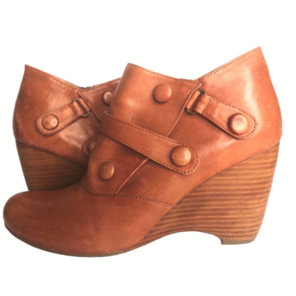 Brown Wedge Booties Tan Leather Straps Buttons 9